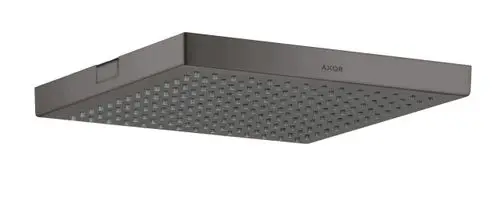 Regiedusche von AXOR in gebürstetem Schwarzchrom, quadratische Kopfbrause mit gleichmäßig angeordneten Düsen zur Wasserverteilung.